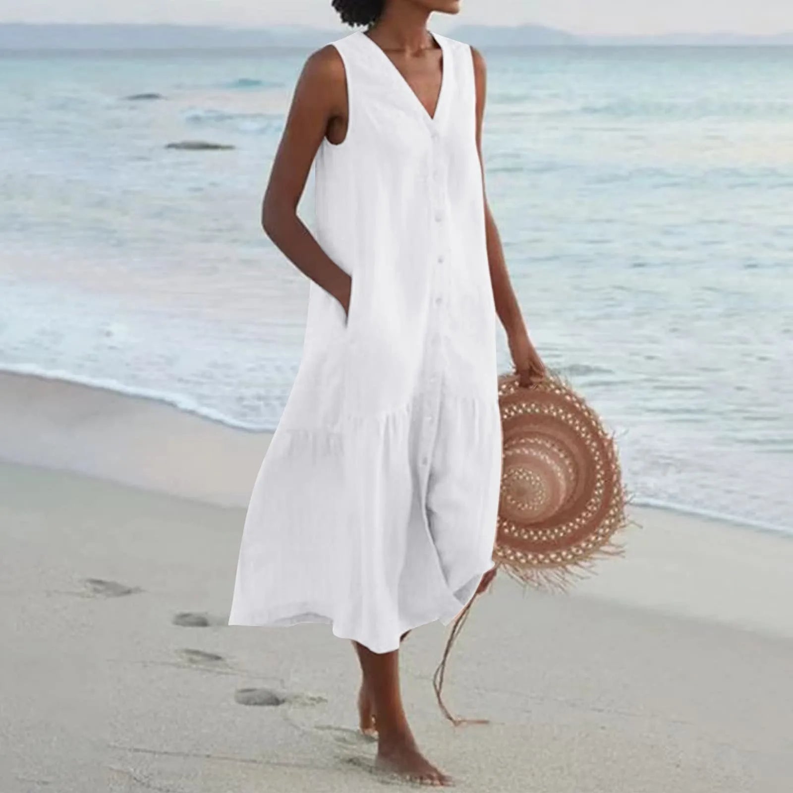 Elegant Midi Summer Dress with Button Placket for Women 0