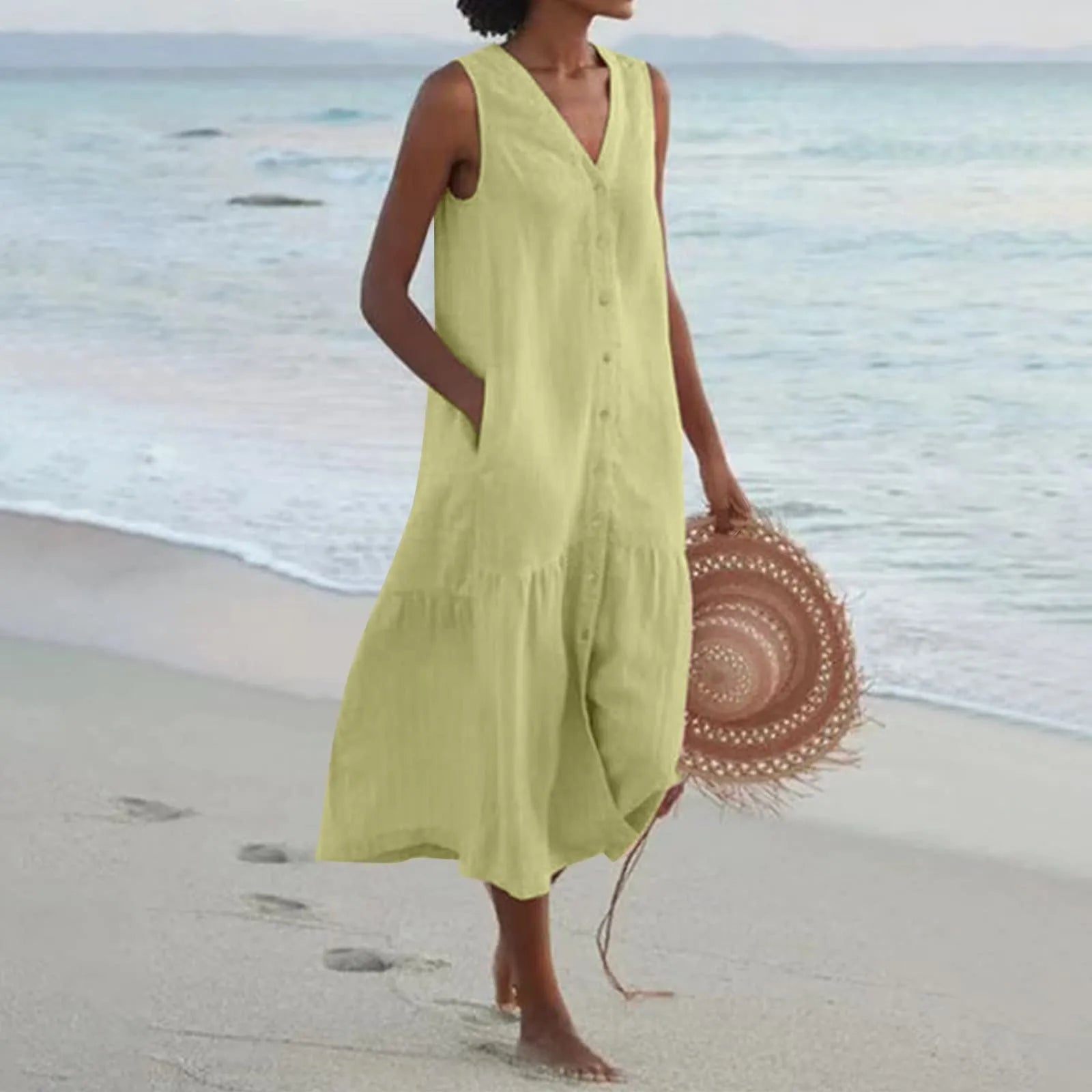 Elegant Midi Summer Dress with Button Placket for Women 2