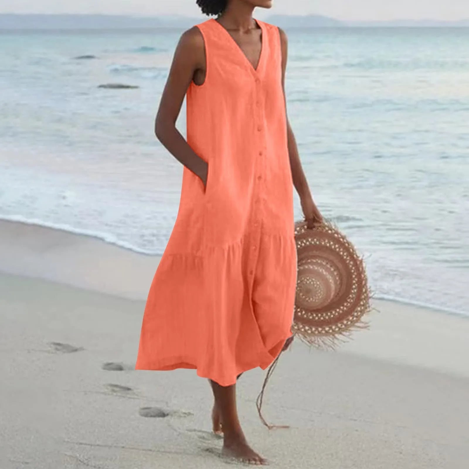 Elegant Midi Summer Dress with Button Placket for Women 3