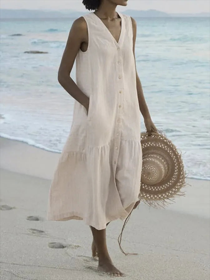 Elegant Midi Summer Dress with Button Placket for Women 5