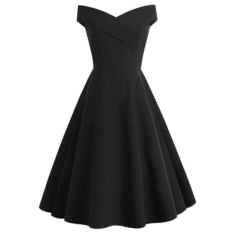 Elegant Off-Shoulder Vintage A-Line Midi Dress for Women 0