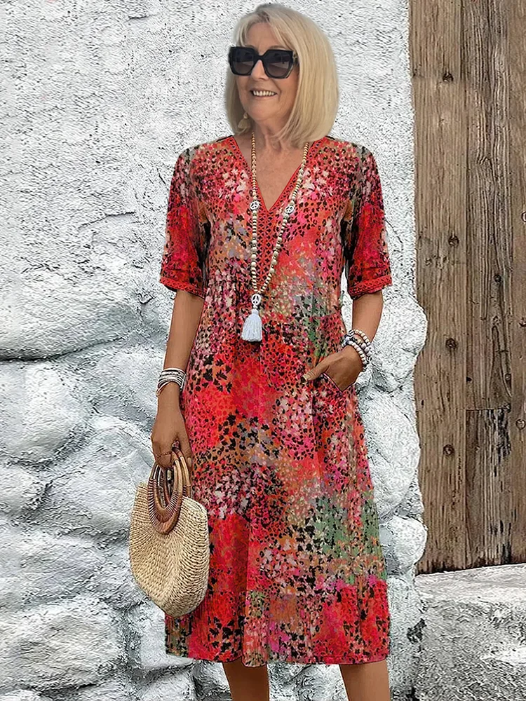 Elegant V-Neck Midi Dress - Women's Summer Dresses 0