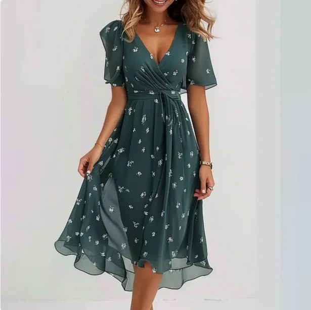 Elegant V-Neck Midi Wrap Dress - Women's Formal & Cocktail Dress 0