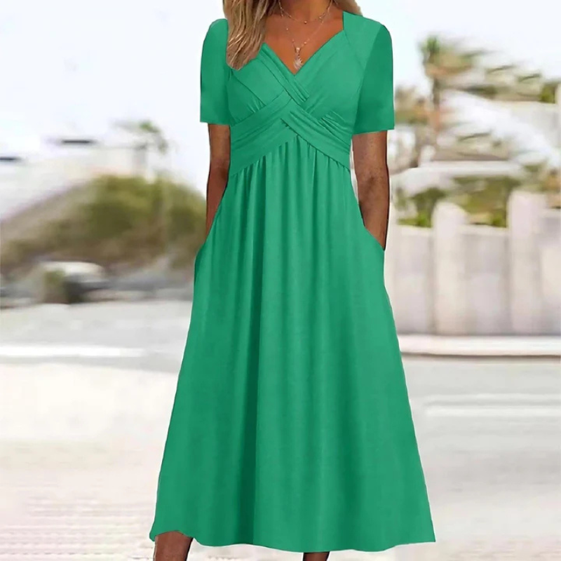 Elegant Women's A-Line Midi Dress with V-Neck for Summer 0