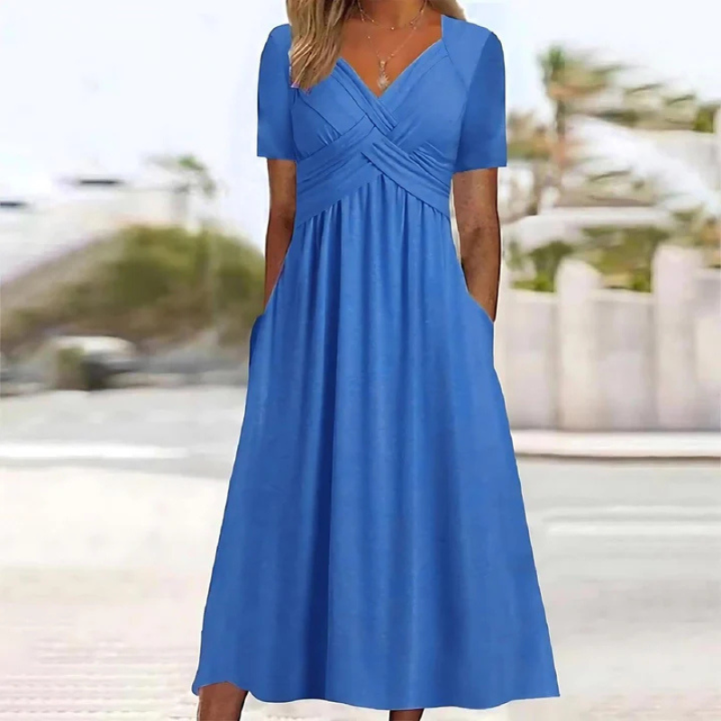 Elegant Women's A-Line Midi Dress with V-Neck for Summer 1