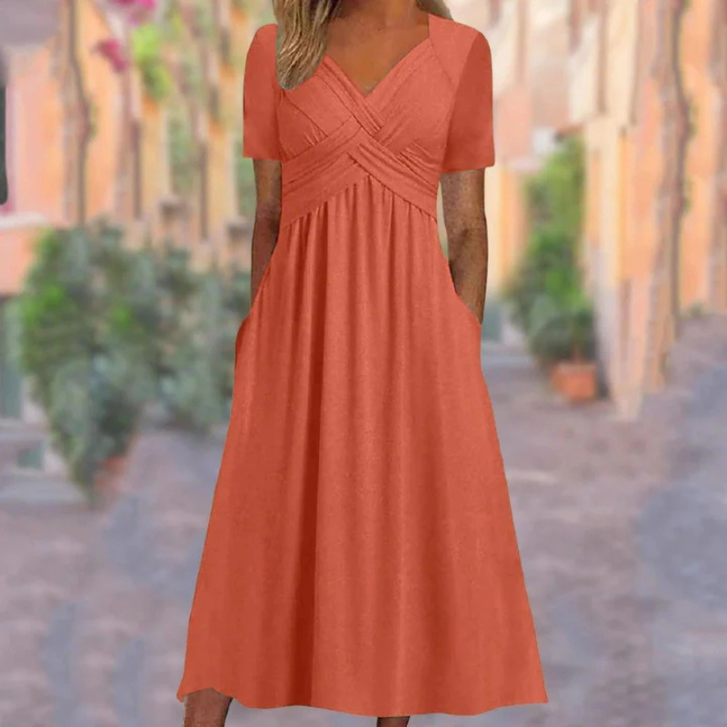 Elegant Women's A-Line Midi Dress with V-Neck for Summer 2