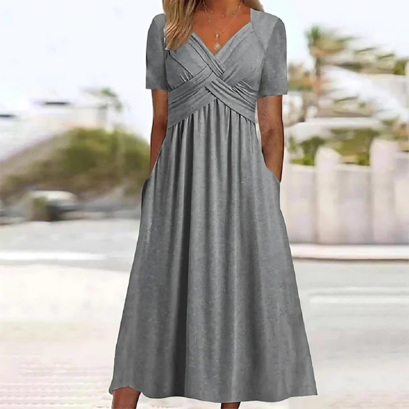 Elegant Women's A-Line Midi Dress with V-Neck for Summer 3