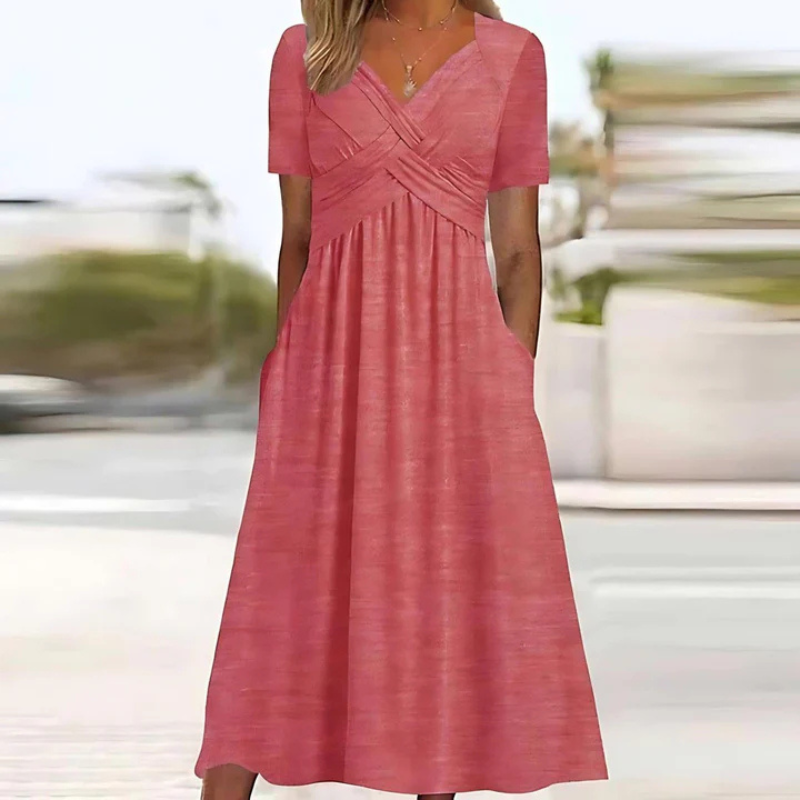 Elegant Women's A-Line Midi Dress with V-Neck for Summer 4