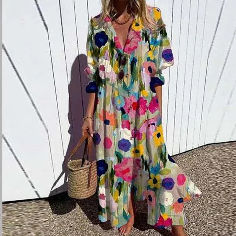 Elegant Women's Boho Maxi Dress with V-Neck for Summer 0
