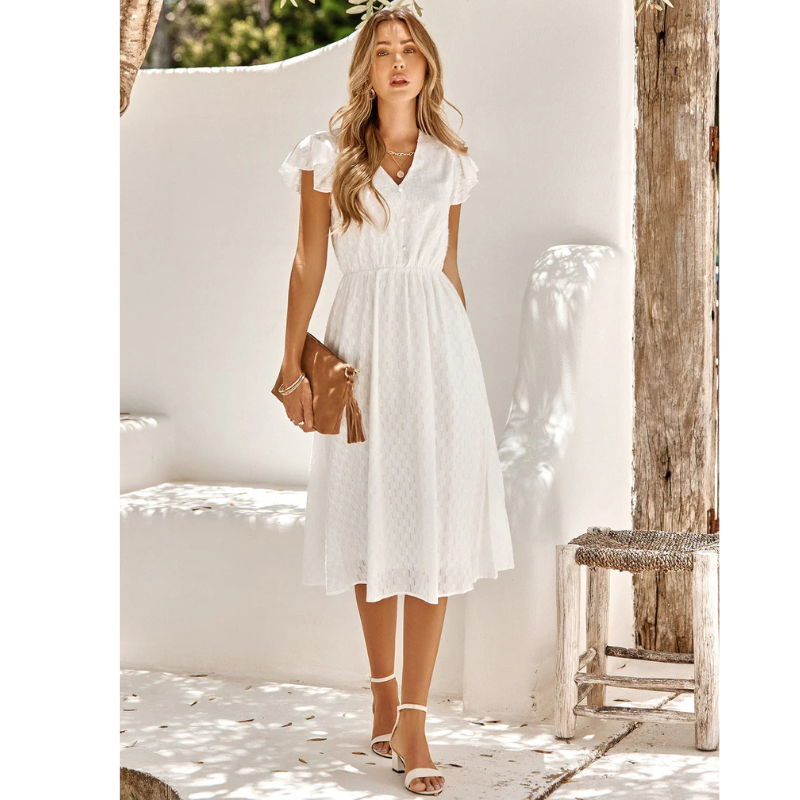Elegant Women's Ruffled Summer Midi Dress - A-Line Style 0