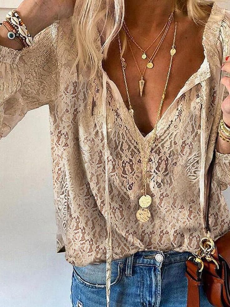 Elegant Womens Blouse with Slit Neckline - Boho Style 0