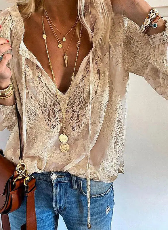 Elegant Womens Blouse with Slit Neckline - Boho Style 4