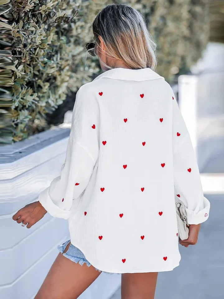 Chic White Cotton Heart Print Blouse | Corie - Stylish Comfort