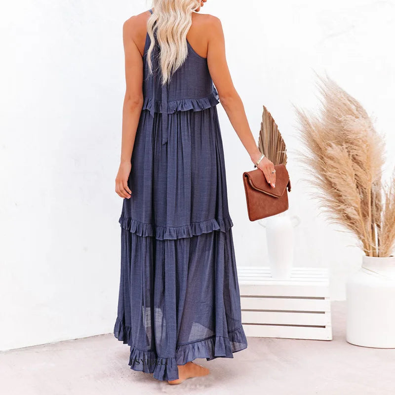 Charlize™ | Sunshine Breeze Halter Ruffle Maxi Dress with Pockets