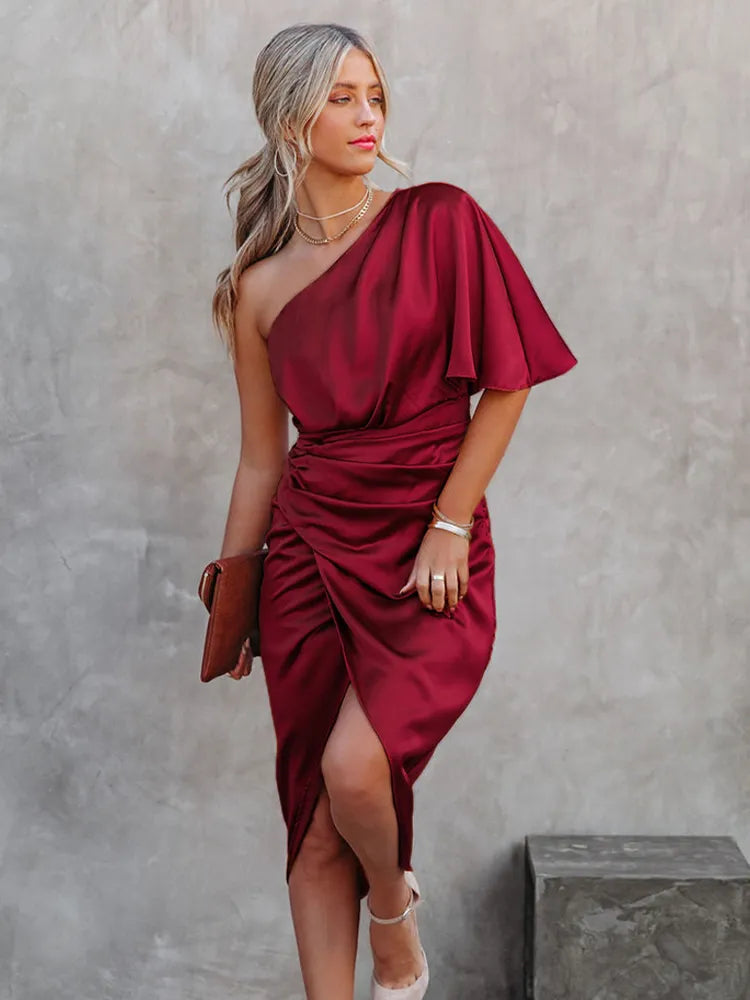 ByTonya Elegant Satin Midi Evening Dress with Chic Slit