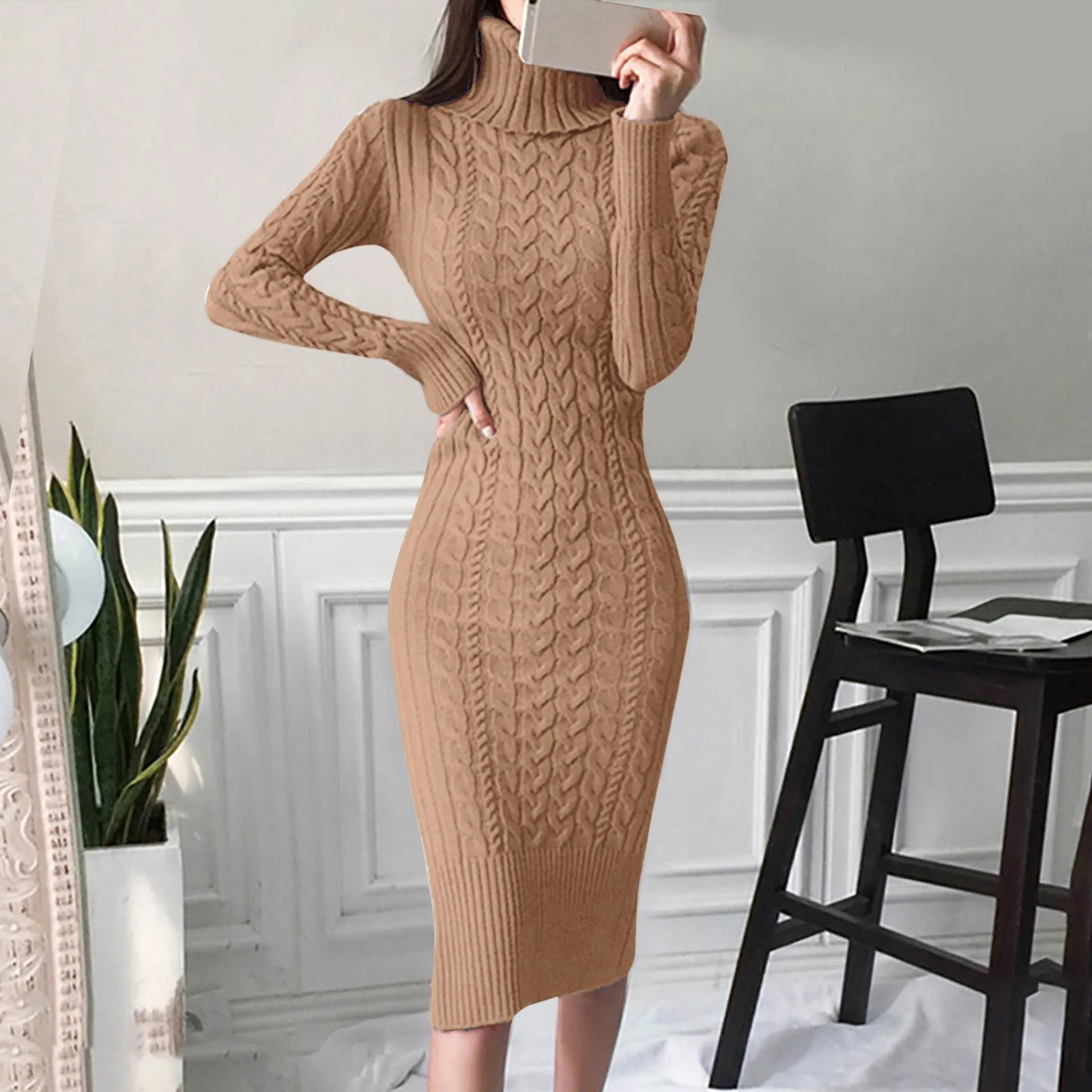 Women's Cable Knit Black Dress - Elegant Formal Sweater Dress 0