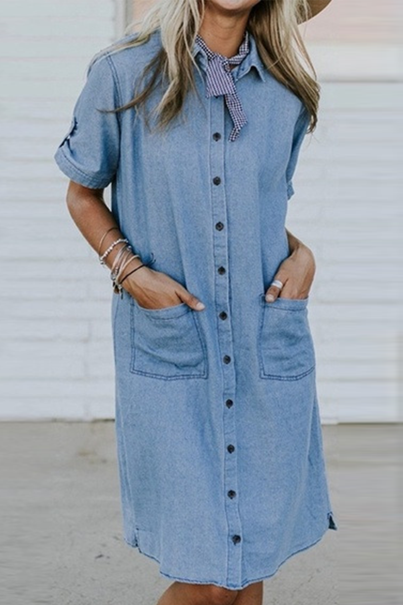 Women's Denim Midi Dress - Short Sleeve Summer Style with Pockets 0