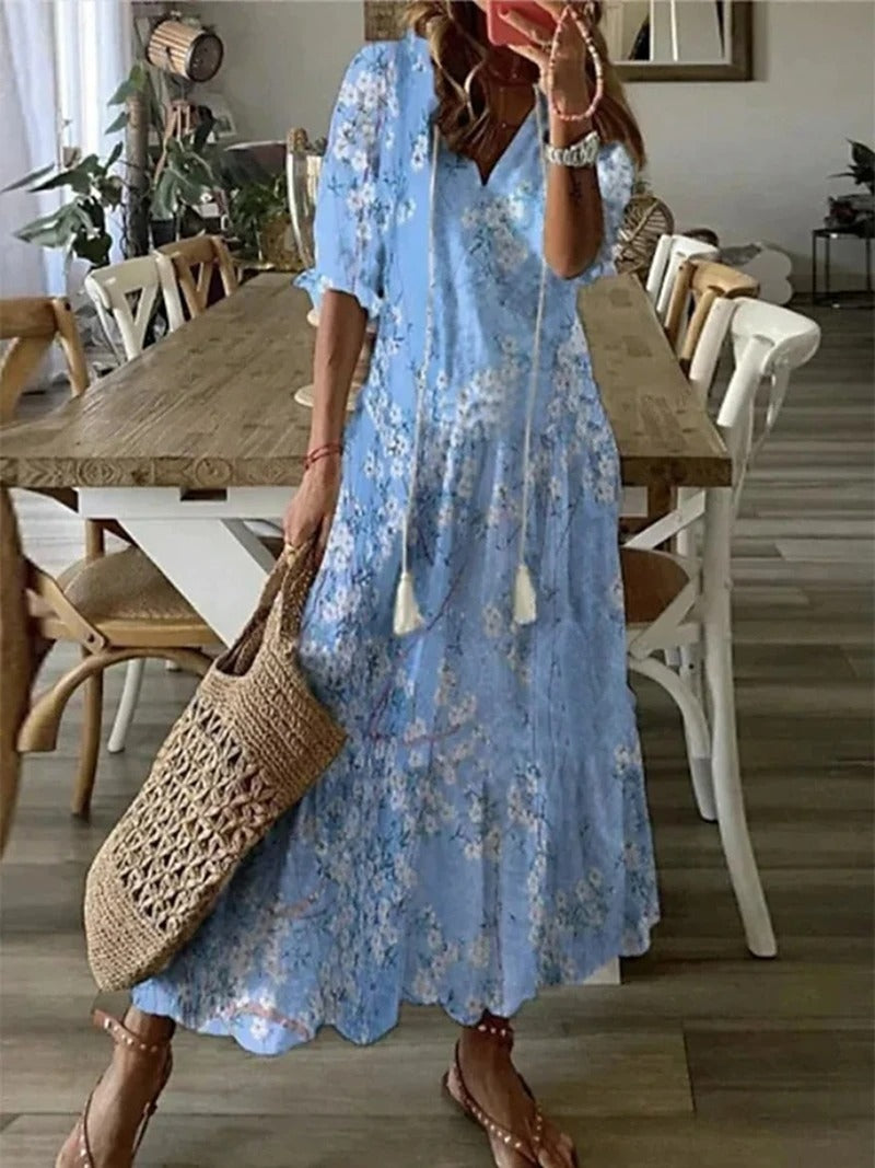 Womens Boho Midi Dress with Half-Length Sleeves for Summer 2