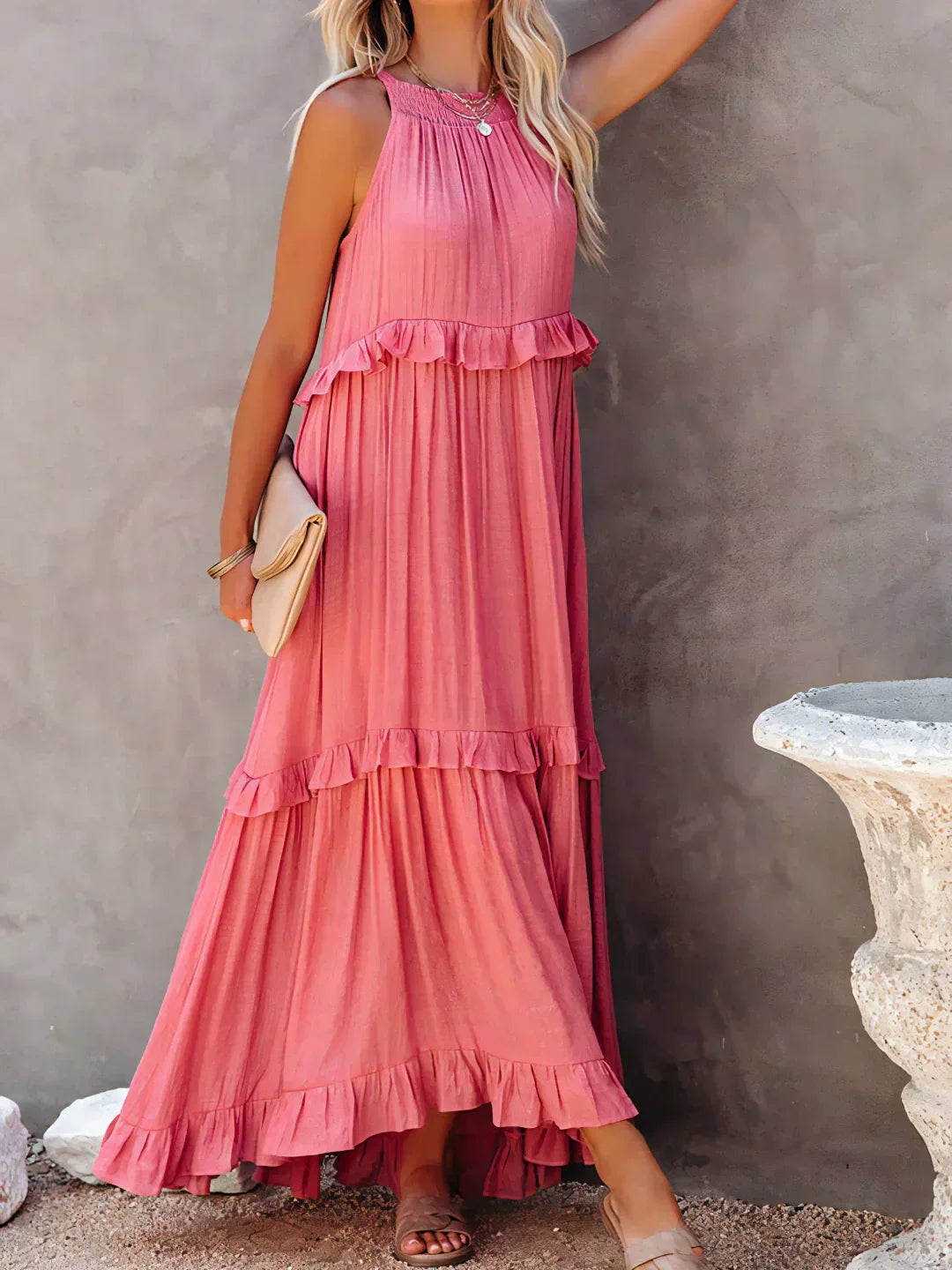 Charlize™ | Sunshine Breeze Halter Ruffle Maxi Dress with Pockets