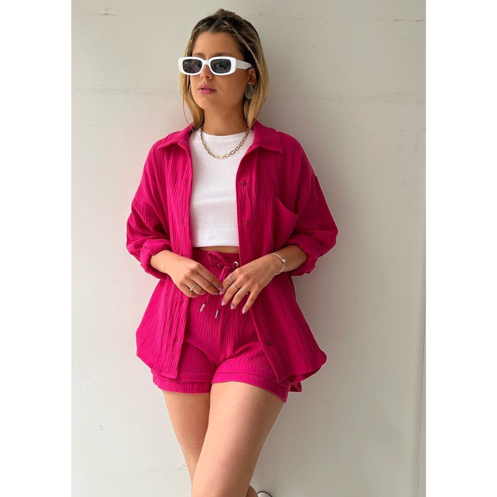 Chic & Cozy Women's Long Sleeve Shirt & Short Set | Efrat