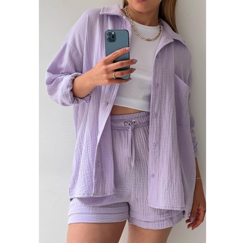 Chic & Cozy Women's Long Sleeve Shirt & Short Set | Efrat