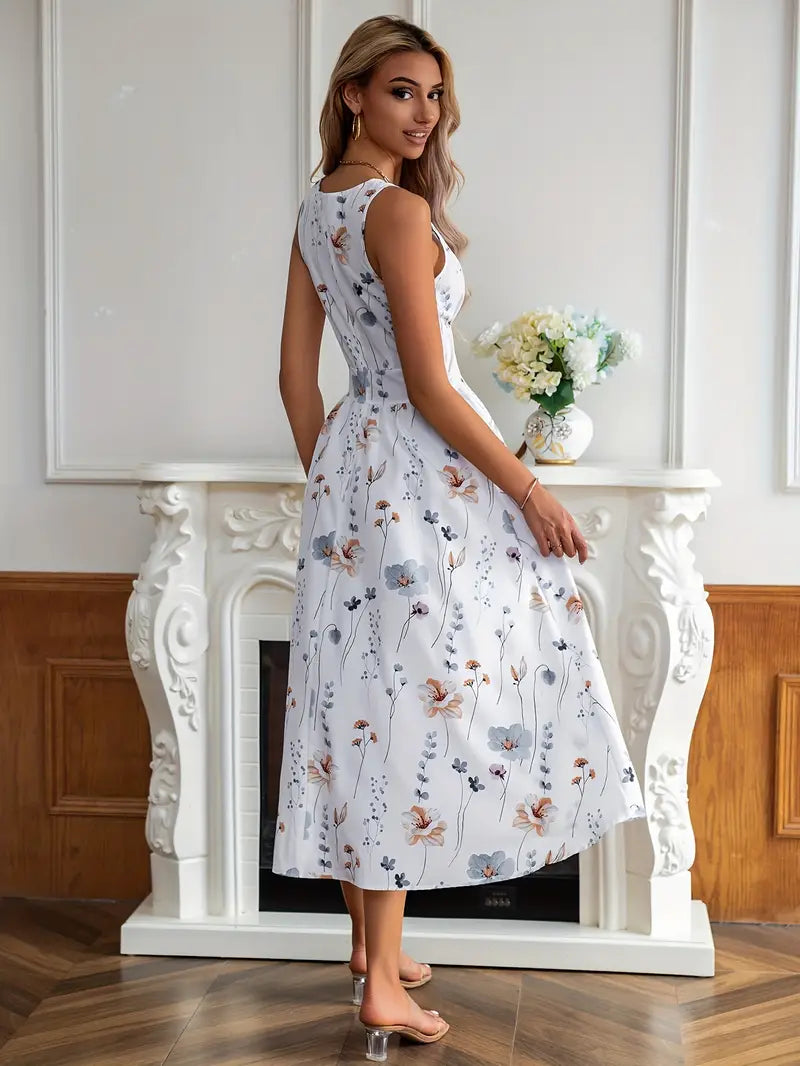 Chic Floral Print V-Neck Midi Dress for Women - Elegant Style